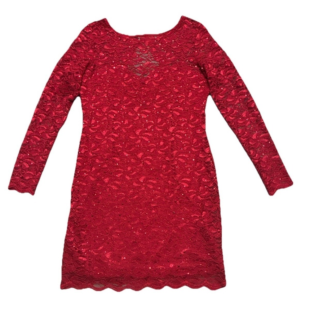 Vintage Dress Women's XL Red Lace Sequin Mini Open Back Stretch USA 90s
